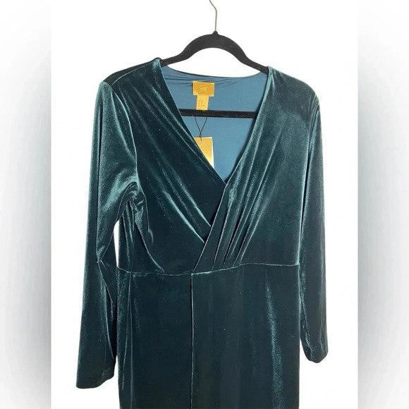 H & M Faux Wrap Stretch Velvet Dress Long Sleeve Bodycon Teal Blue Size 10 - Picture 2 of 5